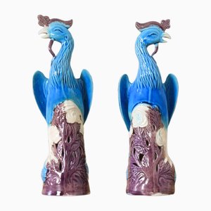 Mid-Century Chinise Turquoise Porcelain Peacocks, 1950s, Set of 2-IJF-1751970