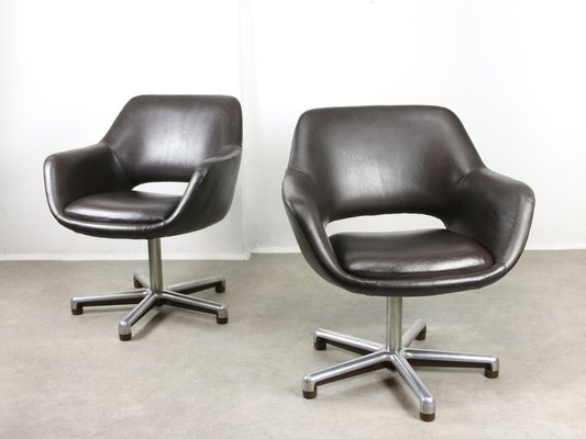 Mid-Century Chocolate Brown Leather Swivel Chair-HGJ-1760874