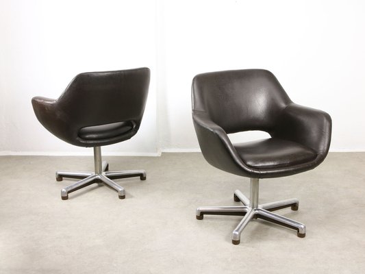 Mid-Century Chocolate Brown Leather Swivel Chair-HGJ-1760874