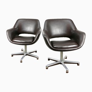 Mid-Century Chocolate Brown Leather Swivel Chair-HGJ-1760874