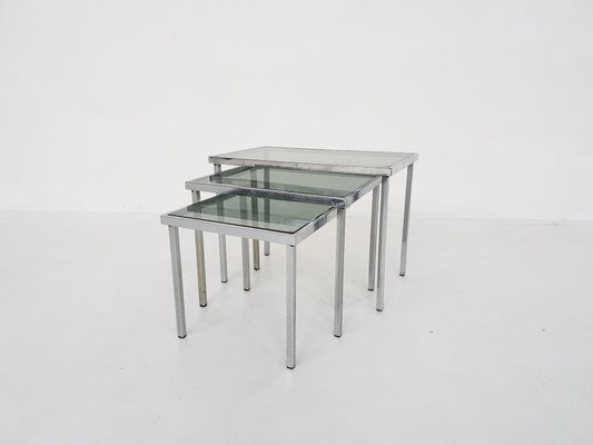 Mid-Century Chrome and Glass Nesting Tables, 1970s, Set of 3-ZO-963467