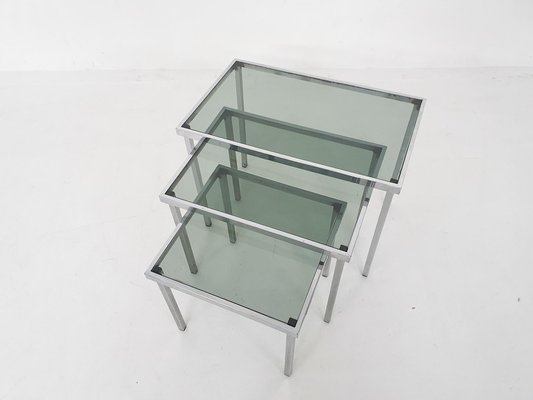 Mid-Century Chrome and Glass Nesting Tables, 1970s, Set of 3-ZO-963467