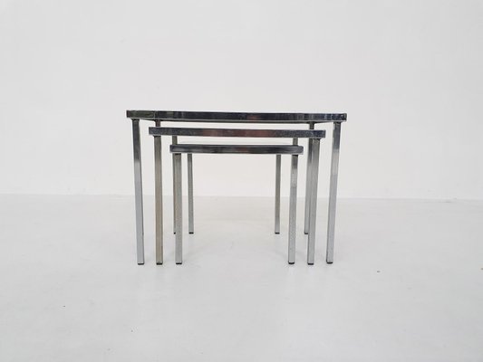 Mid-Century Chrome and Glass Nesting Tables, 1970s, Set of 3-ZO-963467