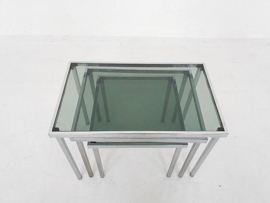 Mid-Century Chrome and Glass Nesting Tables, 1970s, Set of 3-ZO-963467