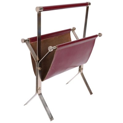 Mid-Century Chromed Steel and Red Leather Magazine Rack from Alessandro Albrizzi, 1970s-JDR-1356978