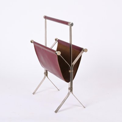 Mid-Century Chromed Steel and Red Leather Magazine Rack from Alessandro Albrizzi, 1970s-JDR-1356978