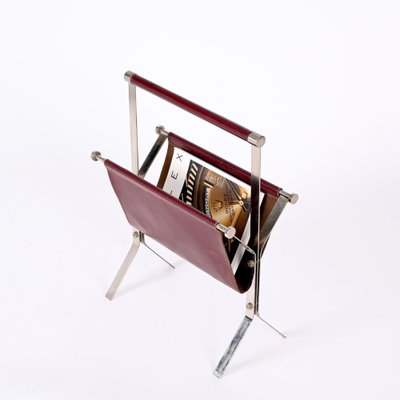 Mid-Century Chromed Steel and Red Leather Magazine Rack from Alessandro Albrizzi, 1970s-JDR-1356978