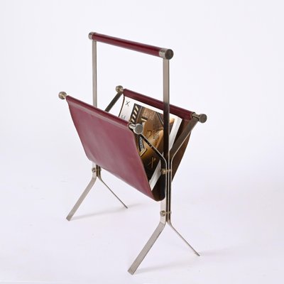 Mid-Century Chromed Steel and Red Leather Magazine Rack from Alessandro Albrizzi, 1970s-JDR-1356978