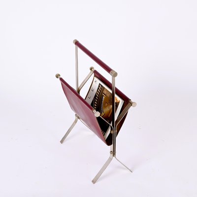 Mid-Century Chromed Steel and Red Leather Magazine Rack from Alessandro Albrizzi, 1970s-JDR-1356978