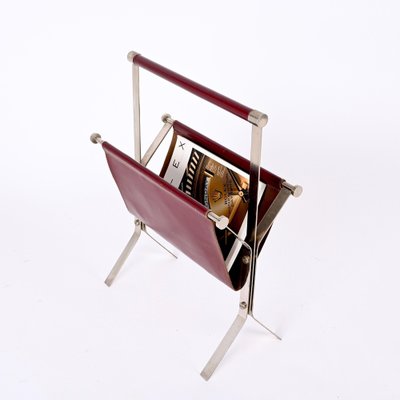 Mid-Century Chromed Steel and Red Leather Magazine Rack from Alessandro Albrizzi, 1970s-JDR-1356978