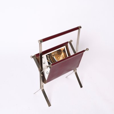 Mid-Century Chromed Steel and Red Leather Magazine Rack from Alessandro Albrizzi, 1970s-JDR-1356978