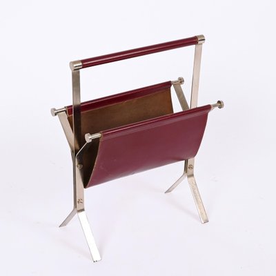 Mid-Century Chromed Steel and Red Leather Magazine Rack from Alessandro Albrizzi, 1970s-JDR-1356978