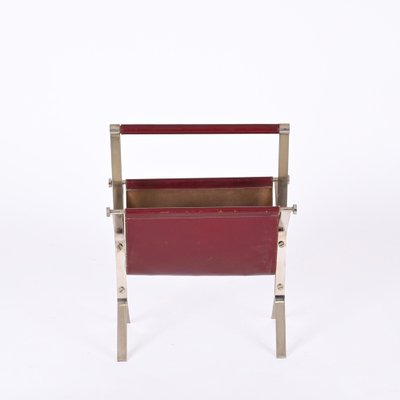 Mid-Century Chromed Steel and Red Leather Magazine Rack from Alessandro Albrizzi, 1970s-JDR-1356978