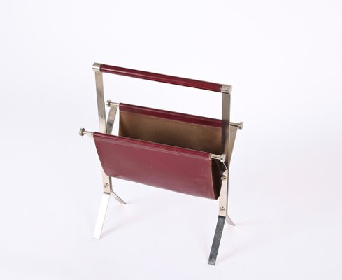 Mid-Century Chromed Steel and Red Leather Magazine Rack from Alessandro Albrizzi, 1970s-JDR-1356978