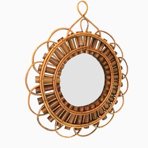 Mid-Century Circular Mirror with Weave Bamboo, 1950s-GGK-702597