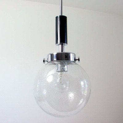 Mid-Century Clear Bubble Glass, Chrome & Black Leather Pendant, Germany, 1960s-OE-897814