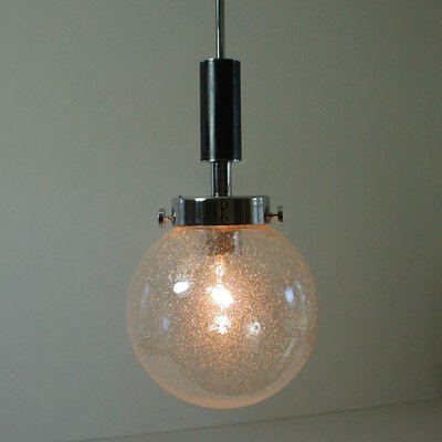 Mid-Century Clear Bubble Glass, Chrome & Black Leather Pendant, Germany, 1960s-OE-897814