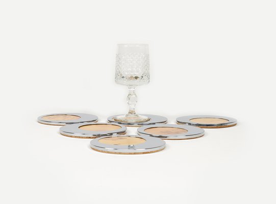 Mid-Century Coasters in Chrome and Wood, Italy, 1970s, Set of 6-LYQ-1750926