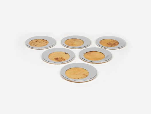 Mid-Century Coasters in Chrome and Wood, Italy, 1970s, Set of 6-LYQ-1750926