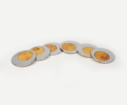 Mid-Century Coasters in Chrome and Wood, Italy, 1970s, Set of 6-LYQ-1750926