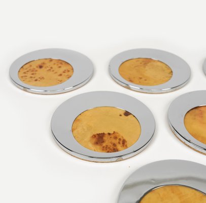 Mid-Century Coasters in Chrome and Wood, Italy, 1970s, Set of 6-LYQ-1750926