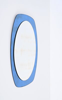 Mid-Century Cristal Art Oval Wall Mirror with Blue Glass Frame, Italy, 1960s-JDR-1732620