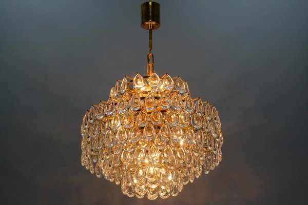 Mid-Century Crystal Glass and Gilded Brass Seven-Light Chandelier from Palwa-KEG-1119246