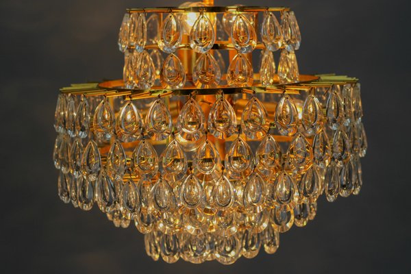 Mid-Century Crystal Glass and Gilded Brass Seven-Light Chandelier from Palwa-KEG-1119246