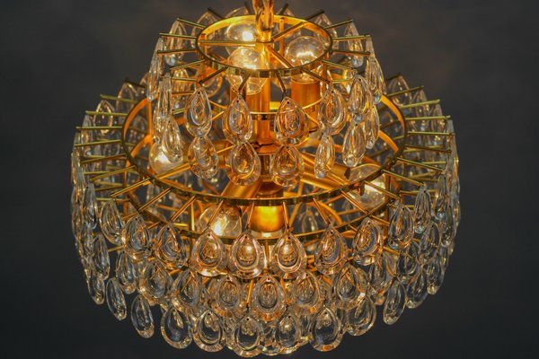 Mid-Century Crystal Glass and Gilded Brass Seven-Light Chandelier from Palwa-KEG-1119246