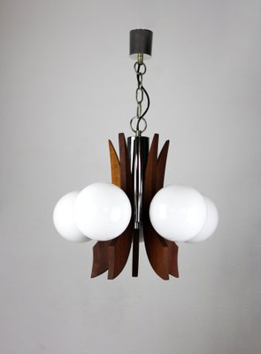 Mid-Century Danish 5 Light Opaline Glass & Wood Chandelier-HGJ-738984