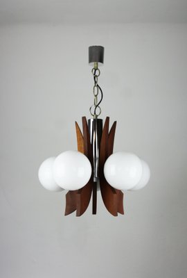 Mid-Century Danish 5 Light Opaline Glass & Wood Chandelier-HGJ-738984