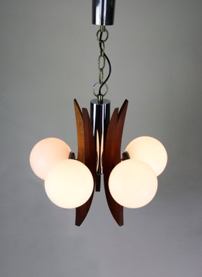 Mid-Century Danish 5 Light Opaline Glass & Wood Chandelier-HGJ-738984