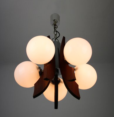 Mid-Century Danish 5 Light Opaline Glass & Wood Chandelier-HGJ-738984