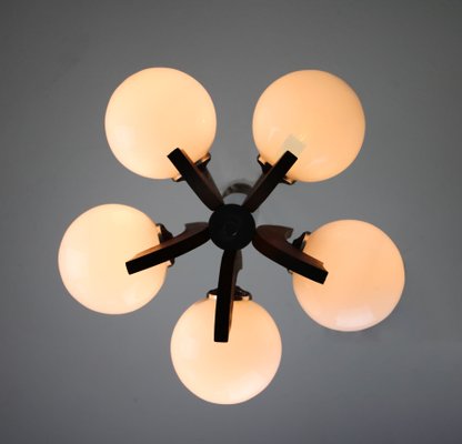 Mid-Century Danish 5 Light Opaline Glass & Wood Chandelier-HGJ-738984