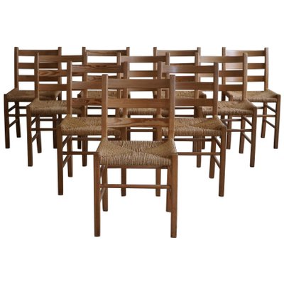 Mid-Century Danish Dining Chairs in Pine & Seagrass Seats, 1960s, Set of 10-MXF-1719765