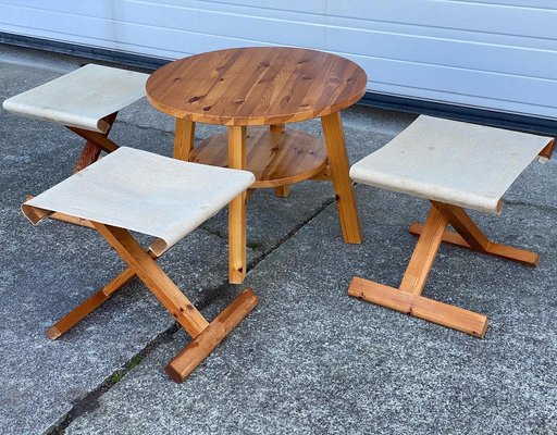 Mid-Century Danish Folding Safari Chairs in Pine and Table, 1970s, Set of 4-GON-1421620