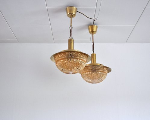 Mid-Century Danish Glass and Brass Chandeliers by Vitrika, Set of 2-HPQ-1194010