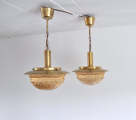 Mid-Century Danish Glass and Brass Chandeliers by Vitrika, Set of 2-HPQ-1194010