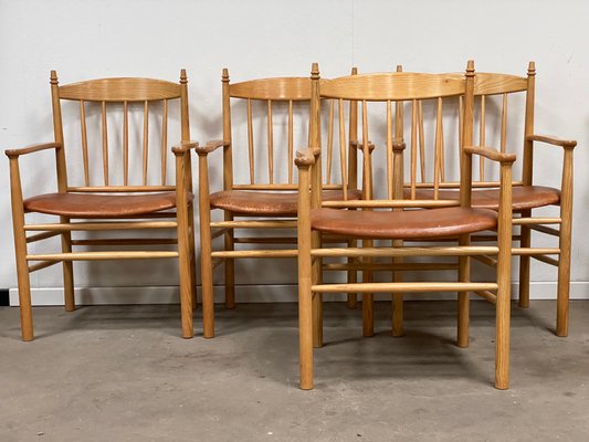 Mid-Century Danish Model J133 Armchairs in Ash with Leather Seats by Erik Ole Jørgensen for FDB Furnitures, 1974, Set of 4-GON-1396870