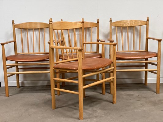 Mid-Century Danish Model J133 Armchairs in Ash with Leather Seats by Erik Ole Jørgensen for FDB Furnitures, 1974, Set of 4-GON-1396870