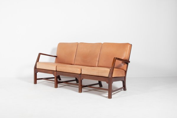 Mid-Century Danish Modern 3-Seat Sofa with Cognac Leather Cushions-KMC-1158404