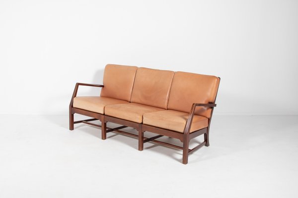 Mid-Century Danish Modern 3-Seat Sofa with Cognac Leather Cushions-KMC-1158404