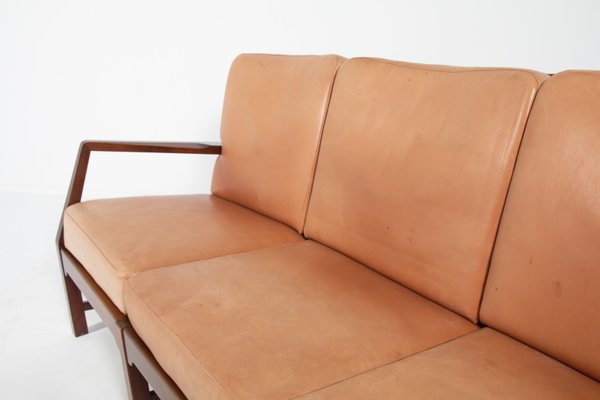 Mid-Century Danish Modern 3-Seat Sofa with Cognac Leather Cushions-KMC-1158404