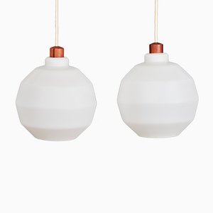 Mid-Century Danish Opaline Glass and Teak Pendant Lamps, 1960s, Set of 2-ZGQ-712650