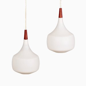 Mid-Century Danish Opaline Glass and Teak Pendant Lamps from Holmegaard, 1960s, Set of 2-ZGQ-712649