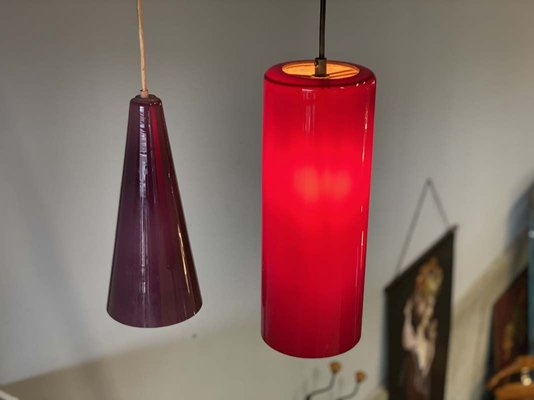 Mid-Century Danish Red Glass Cylinder Ceiling Lamp, 1960s-JO-883714