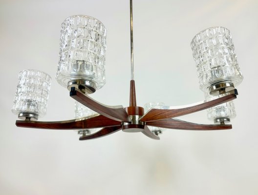 Mid-Century Danish Rosewood & Nickel-Plated 6-Arm Chandelier, 1960s-ZCY-2035684