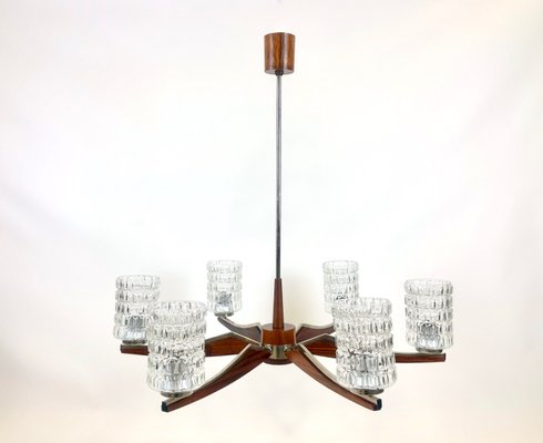 Mid-Century Danish Rosewood & Nickel-Plated 6-Arm Chandelier, 1960s-ZCY-2035684