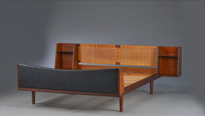 Mid-Century Danish Teak Double Bed with Cane Headboard by Hans J. Wegner for Getama, 1960s-FN-660286