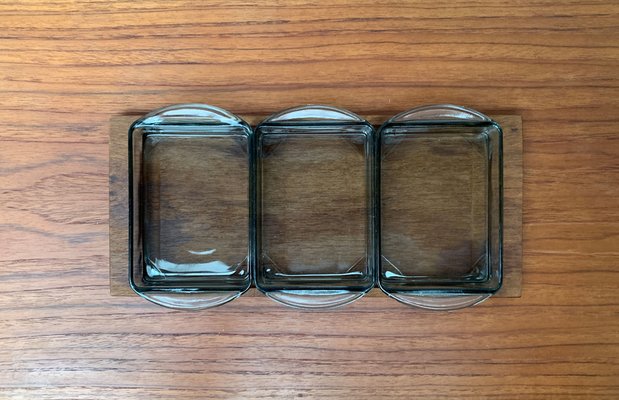 Mid-Century Danish Tray in Teak with Cabaret Glass Trays from Holmegaard, 1960s, Set of 4-UAH-1382392